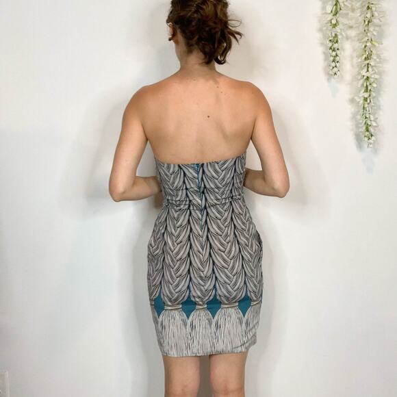 RARE MARA HOFFMAN silk strapless dress braided hair teal white gray 2602 - Picture 2 of 9